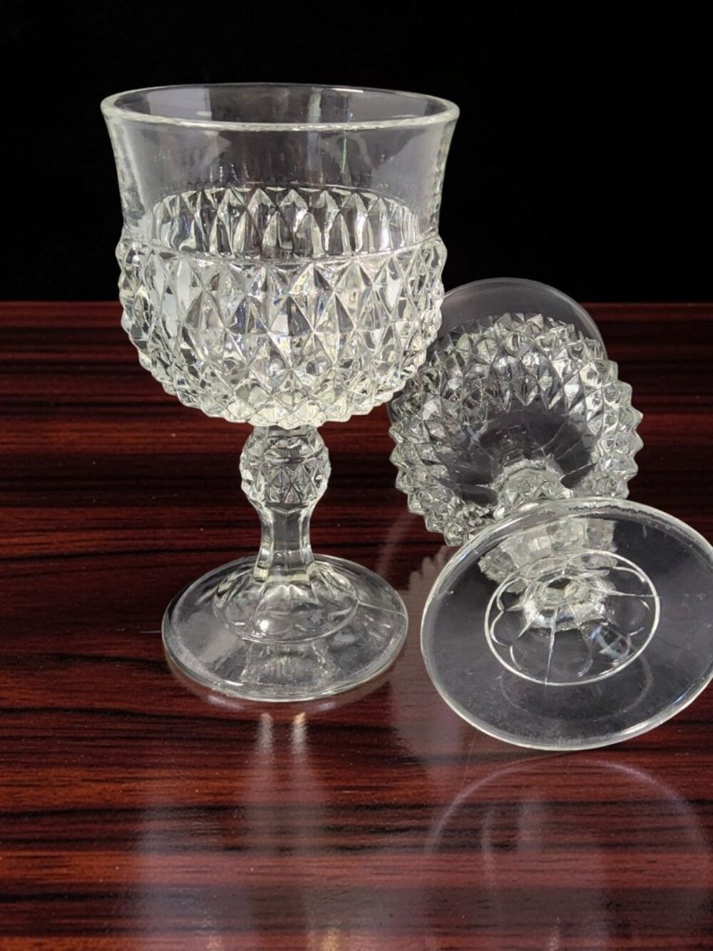 Vintage Set of 2 1960's Indiana Glass Diamond Point Clear Pedestal Wine Goblet.